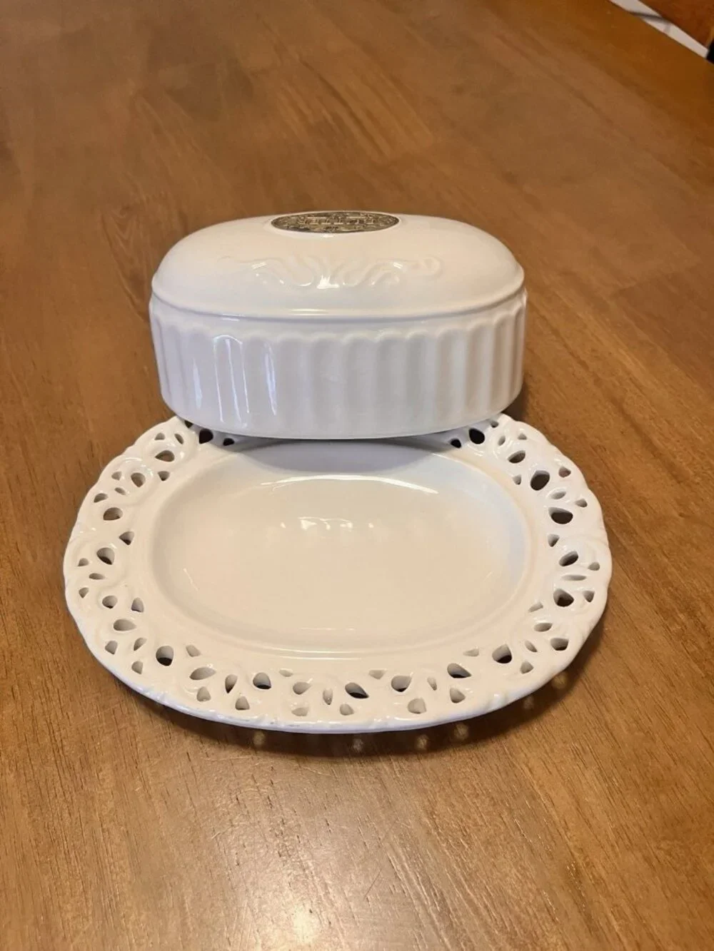 Vintage THL French Cottage Oval Butter Dish with Bronze Badge & Lattice Edging